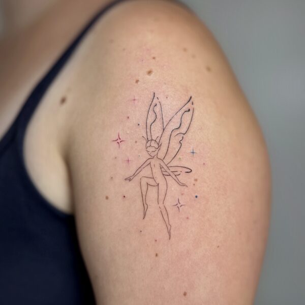 fairy fineline flowy lines color accents ctrlaltz tattoo